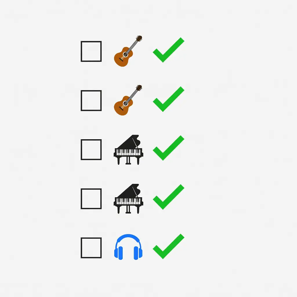 Vizuální checklist s ikonami hudebních nástrojů a symboly kvality pro web hudebního obchodu