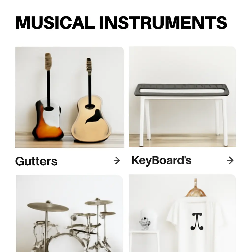 Moderní e-shop s hudbou Interaktivní stránka hudebního obchodu s nástroji a merchandise