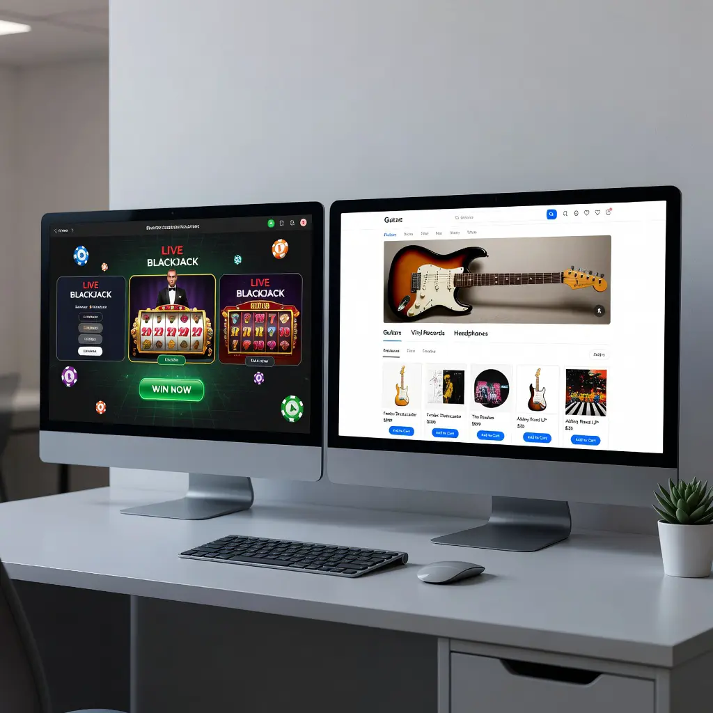 Srovnání uživatelského rozhraní online kasina a hudebního e-shopu na dvou monitorech