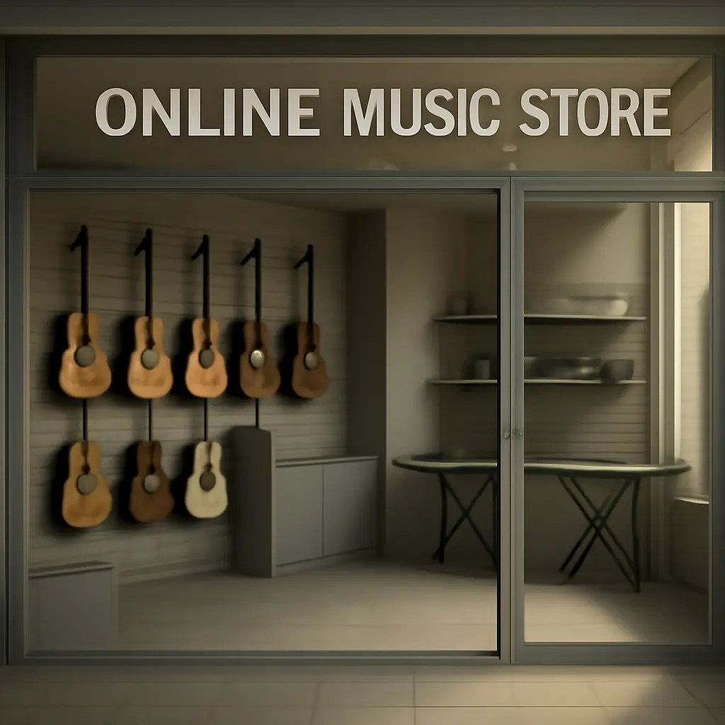 Prázdný e-shop Prázdný e-shop s hudebními nástroji na výloze