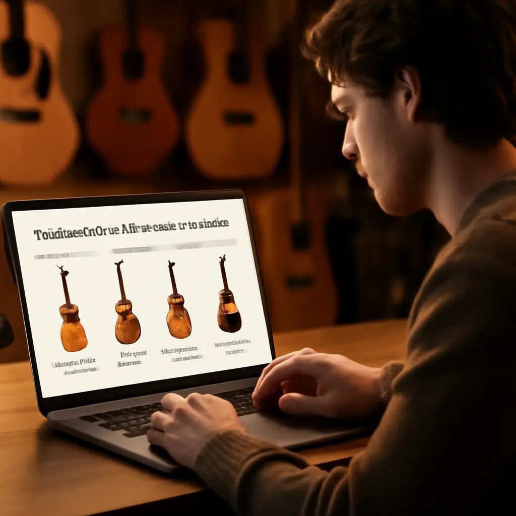 Interiér online obchodu s hudebními nástroji a zákazníkem při výběru