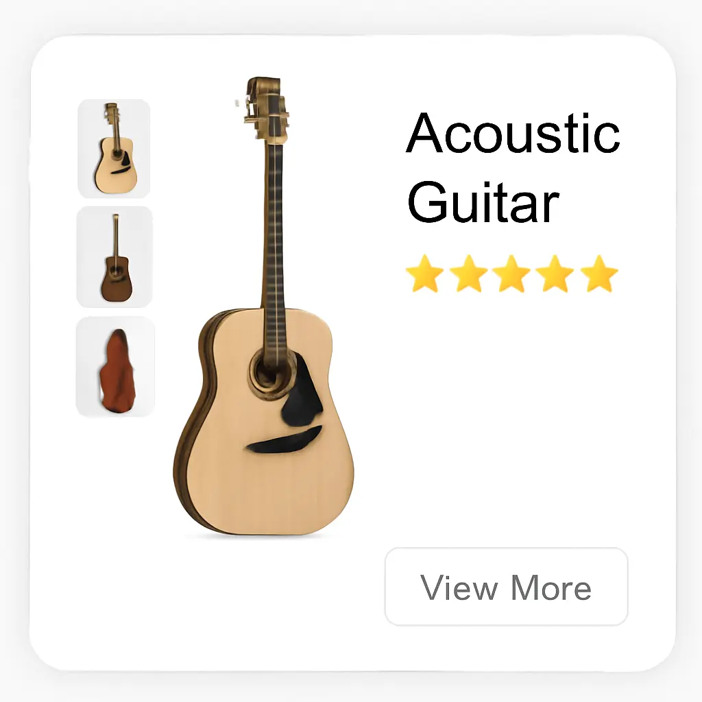 Produktová karta kytary Detailní produktová karta kytary s fotografiemi a hodnocením zákazníků