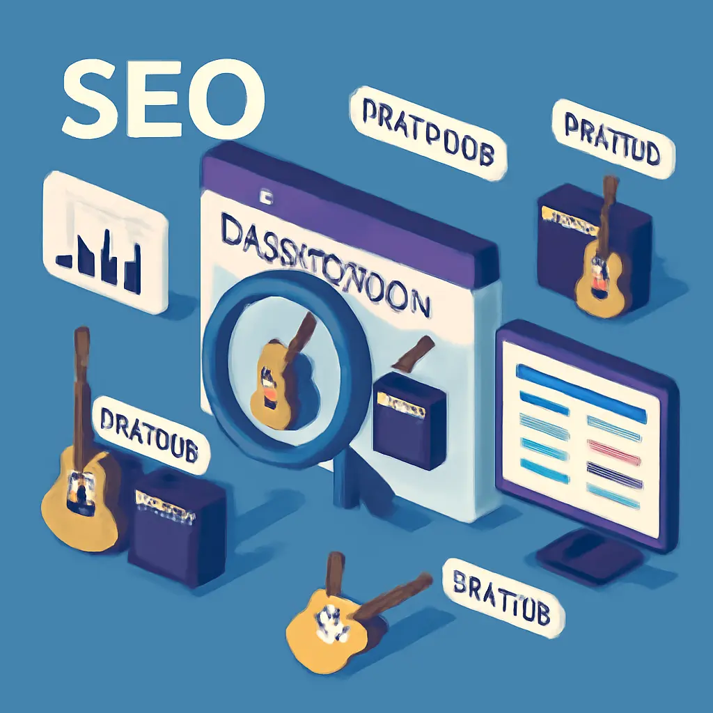 SEO strategie pro hudební e-shop Ilustrace SEO procesu pro web hudebního obchodu zahrnující klíčová slova, obsah a analytiku