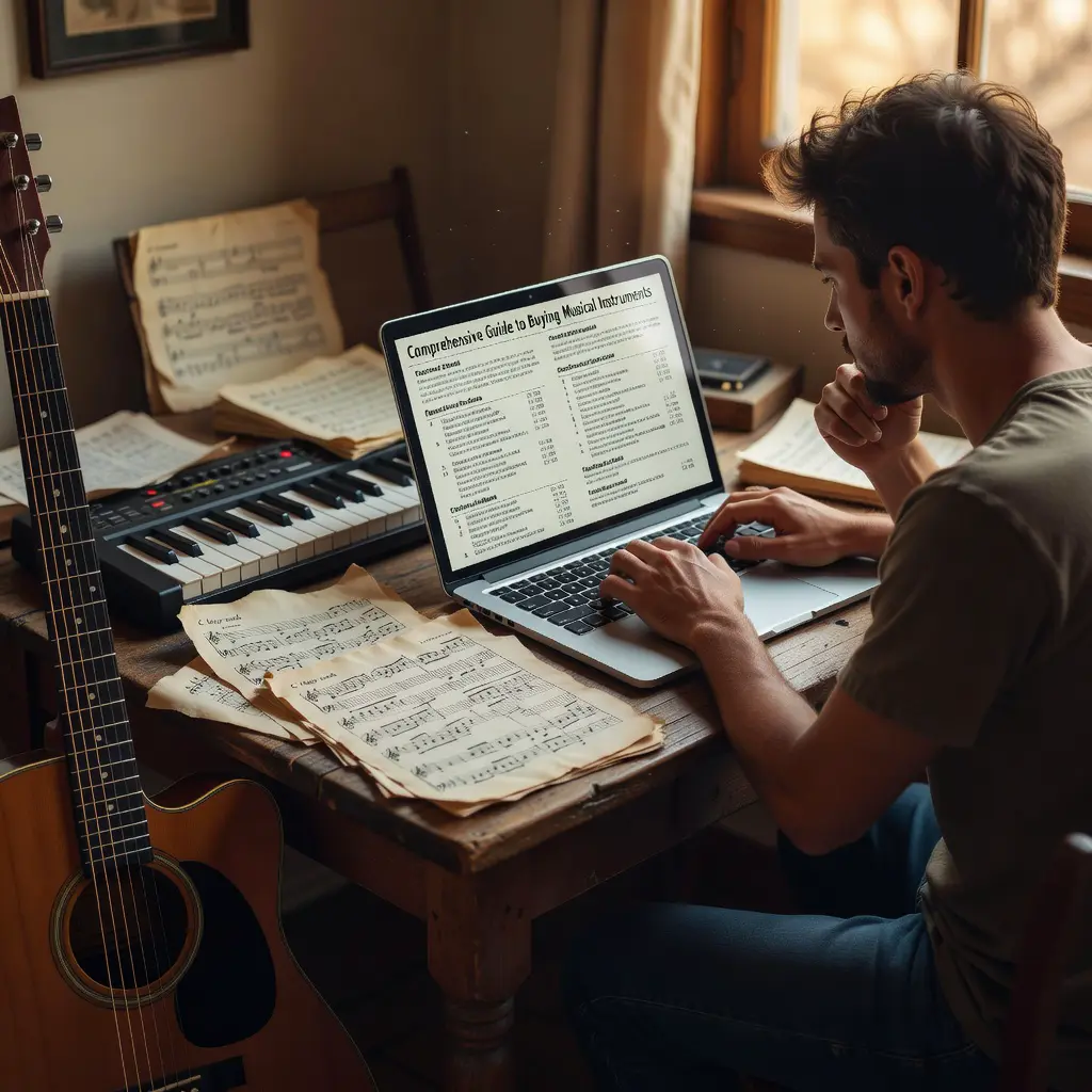 Zákazník čtoucí podrobný průvodce výběrem hudebních nástrojů na webovém obchodě VVMusicShop, s kytarami a klávesami v pozadí